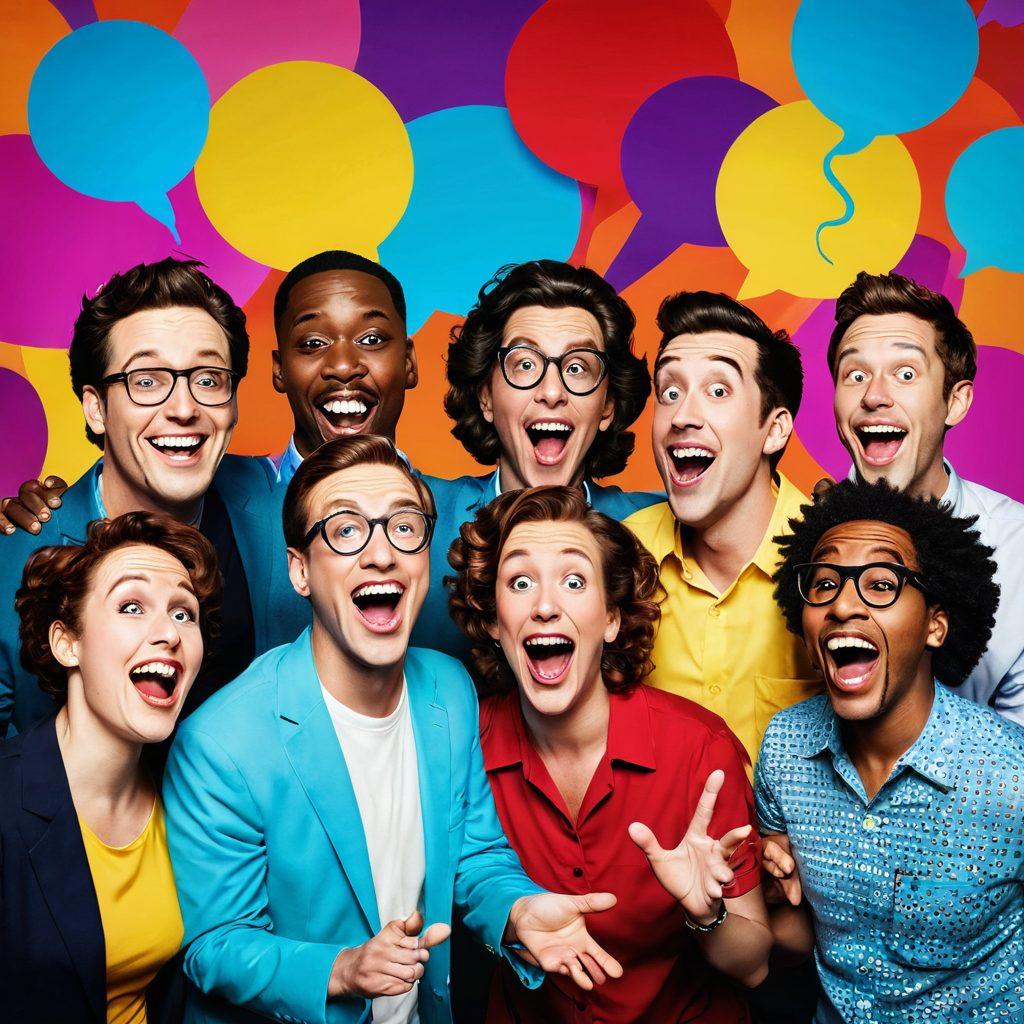 A playful scene depicting a diverse group of comedians sharing whimsical jokes on a colorful stage, laughter echoing in the air. Bring in relatable comic elements like giant oversized props, humorous facial expressions, and a comedic audience erupting in laughter. Incorporate a vibrant background filled with cartoonish speech bubbles filled with humor quotes. super-realistic. vibrant colors. 3D.