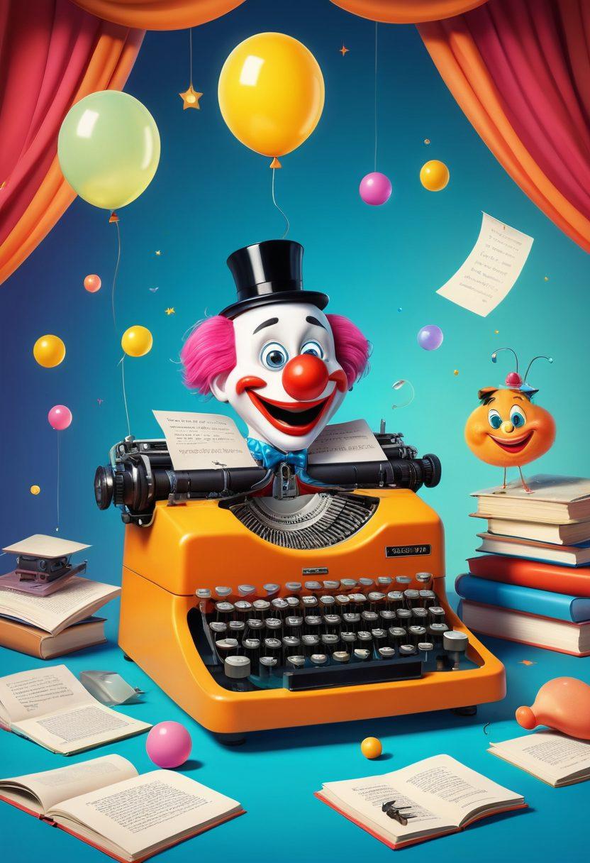 A whimsical scene featuring a typewriter with laughter bubbles floating around, surrounded by playful cartoonish characters engaged in humorous activities like a clown juggling and a comedian on stage. Bright, vibrant colors enhance the joyous atmosphere, with a backdrop of an open book filled with silly illustrations. The overall vibe captures creativity, laughter, and the essence of parody. super-realistic. vibrant colors. cartoon style.