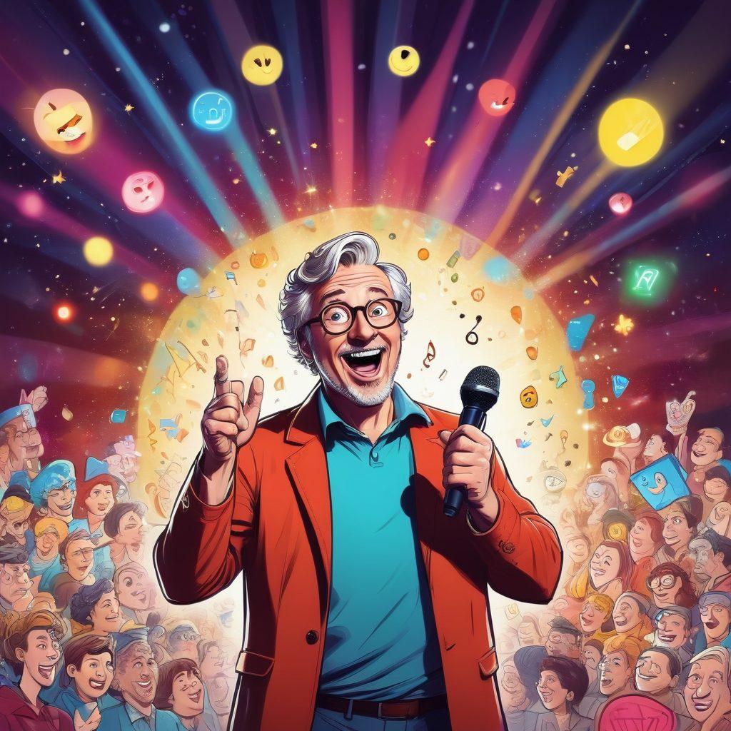 A whimsical illustration depicting a storyteller on stage, animatedly sharing humorous tales with a captivated audience. In the background, vibrant doodles of jokes and satire symbols swirl around, representing various comedic elements like laughing emojis, speech bubbles, and quirky characters. The storyteller, a middle-aged person with an expressive face, is holding a microphone with a playful grin, surrounded by colorful spotlights. The atmosphere is lively, filled with laughter and joy. cartoon style. vibrant colors.